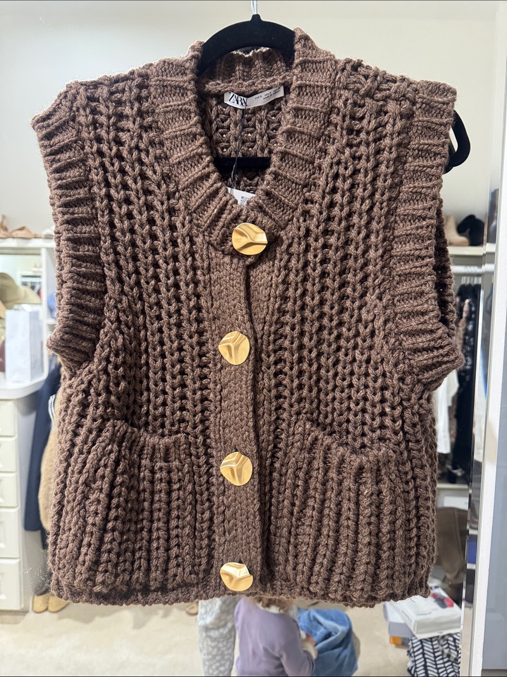 Zara Chunky Brown Sleeveless Cardigan with Gold Buttons